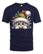 Cute Christmas Kitten Lights Beanie Holiday Cartoon Graphic T-Shirt - navy t-shirt on white background