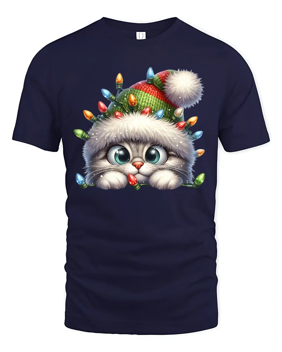 Cute Christmas Kitten Lights Beanie Holiday Cartoon Graphic T-Shirt - 1 Cute Christmas Kitten Lights Beanie Holiday Cartoon Graphic T-Shirt - navy t-shirt on white background