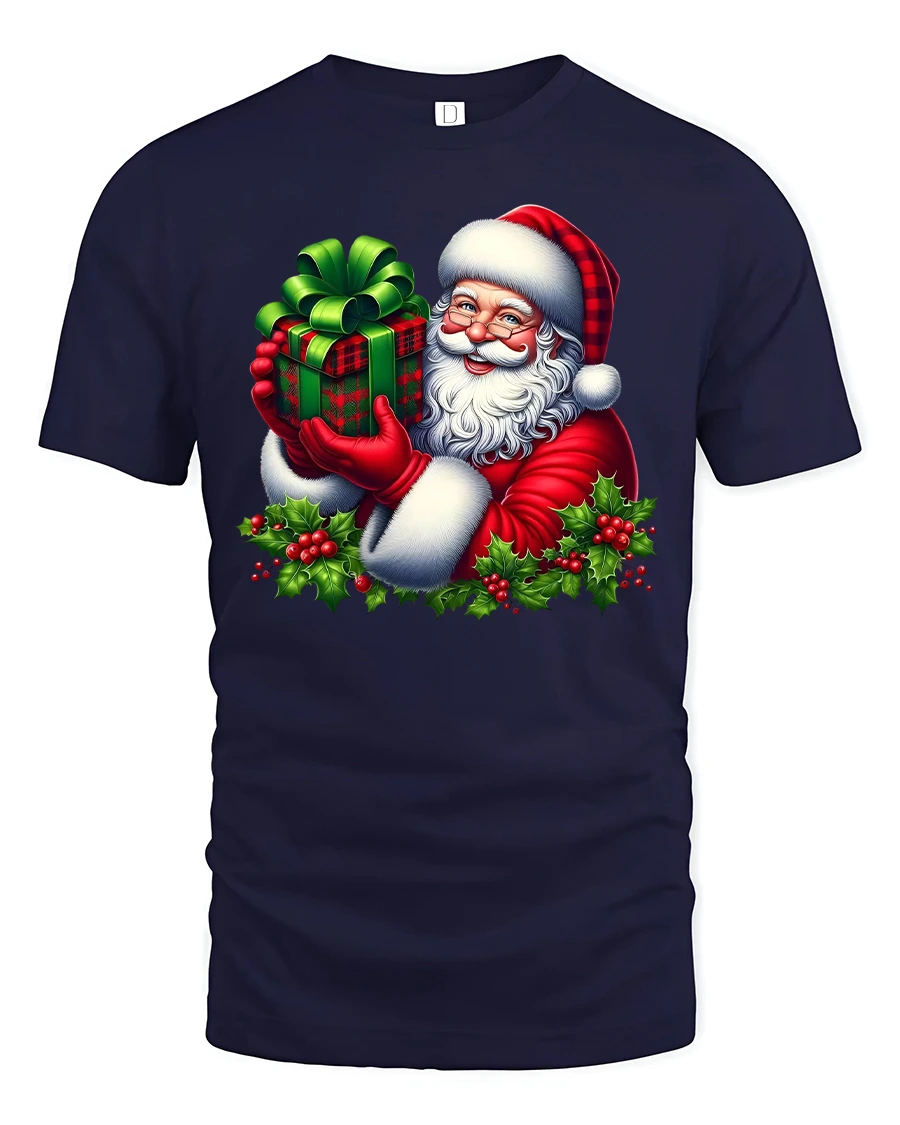 Santa Holding Gift Holly Christmas Cheer Festive Graphic T-Shirt - 1 Santa Holding Gift Holly Christmas Cheer Festive Graphic T-Shirt - navy t-shirt on white background