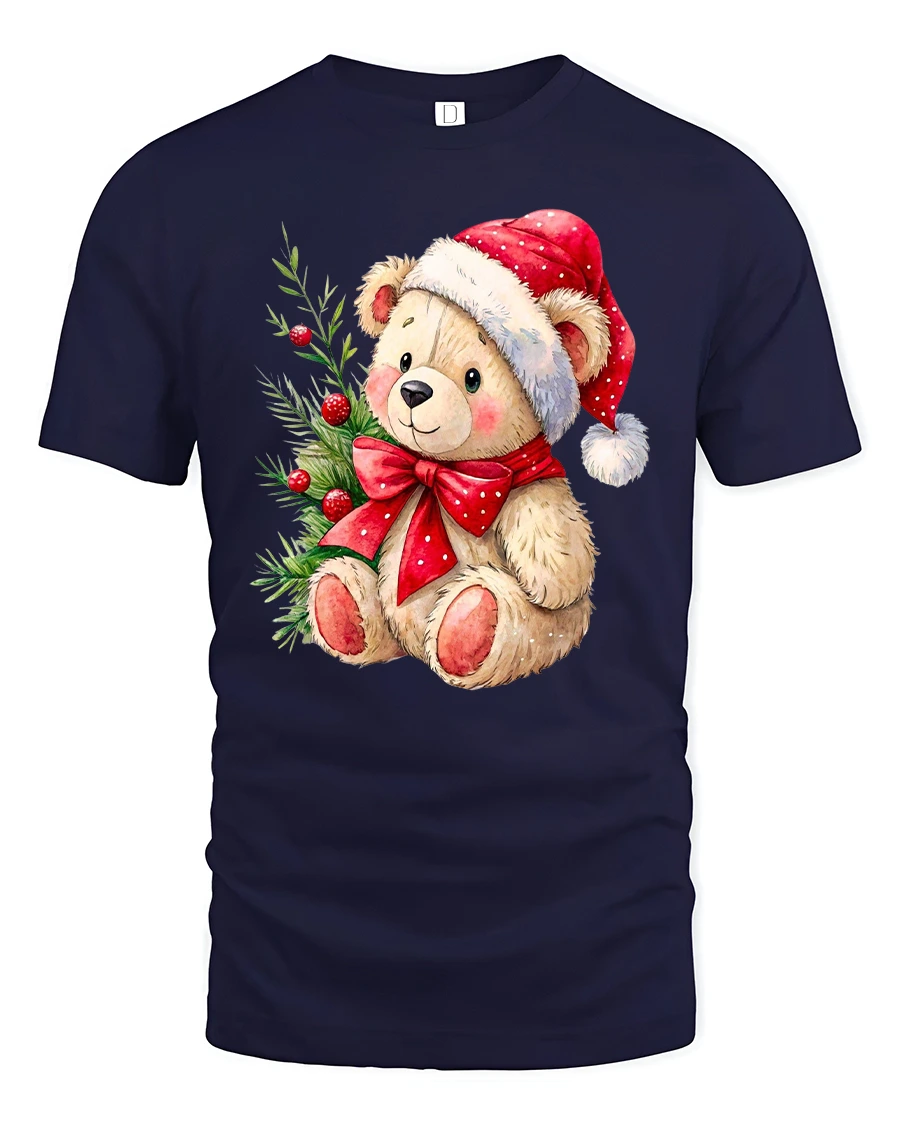 Cute Christmas Teddy Bear Santa Hat Bow Holiday Graphic T-Shirt - 1 Cute Christmas Teddy Bear Santa Hat Bow Holiday Graphic T-Shirt - navy t-shirt on white background