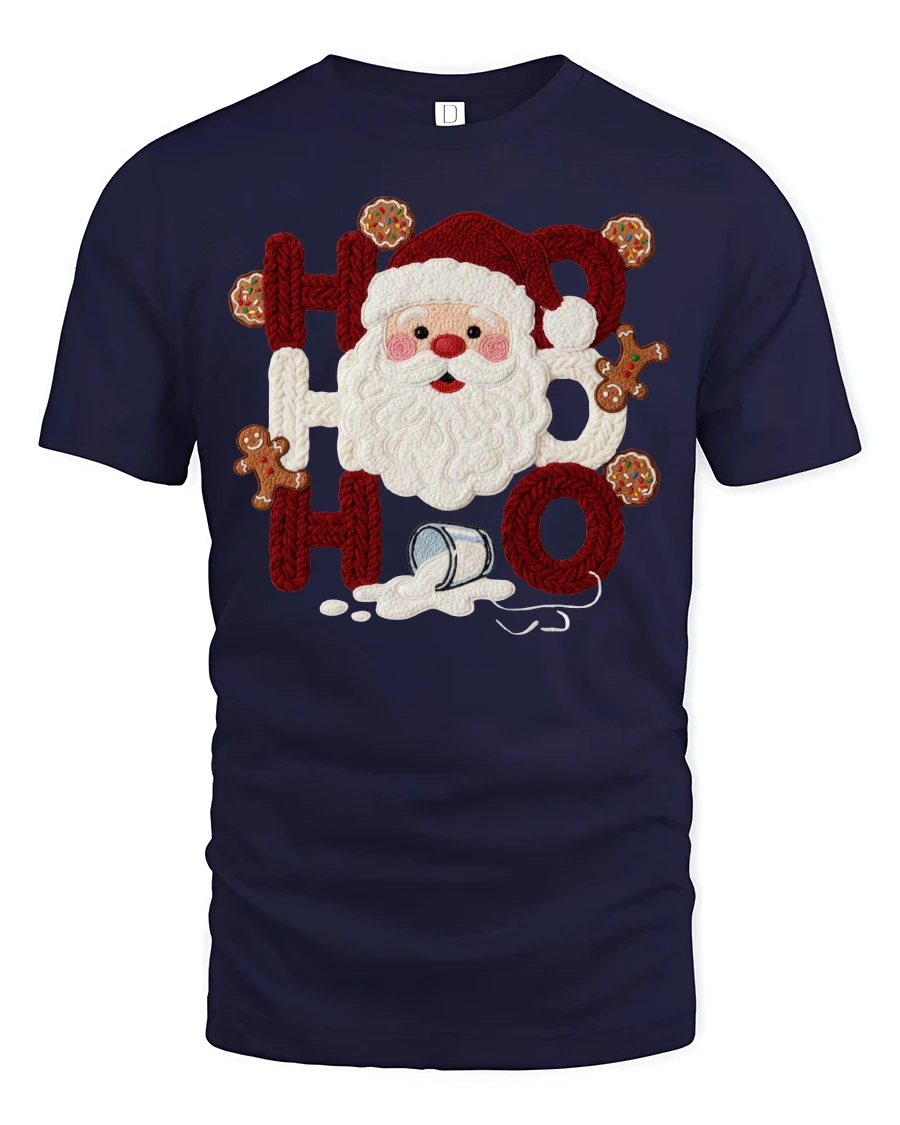 Ho Ho Ho Santa Cookies Milk Crochet Style Christmas T-Shirt - 1 Ho Ho Ho Santa Cookies Milk Crochet Style Christmas T-Shirt - navy t-shirt on white background