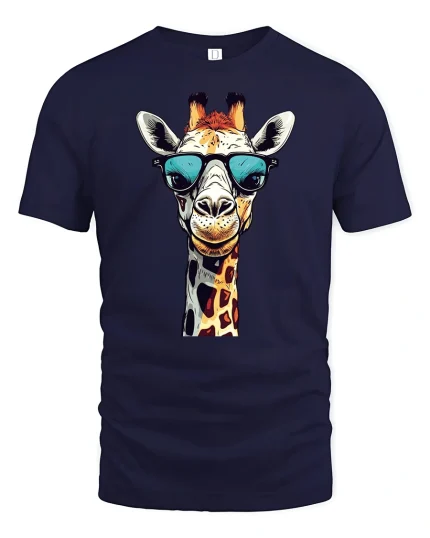 Cool Giraffe Sunglasses Funky Animal Cartoon Graphic T-Shirt - navy t-shirt on white background