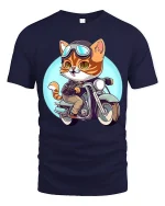 Cool Biker Cat Motorcycle Rider Cartoon Funny Graphic T-Shirt - navy t-shirt on white background