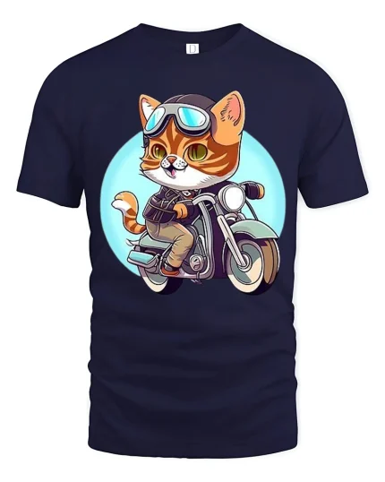 Cool Biker Cat Motorcycle Rider Cartoon Funny Graphic T-Shirt - navy t-shirt on white background