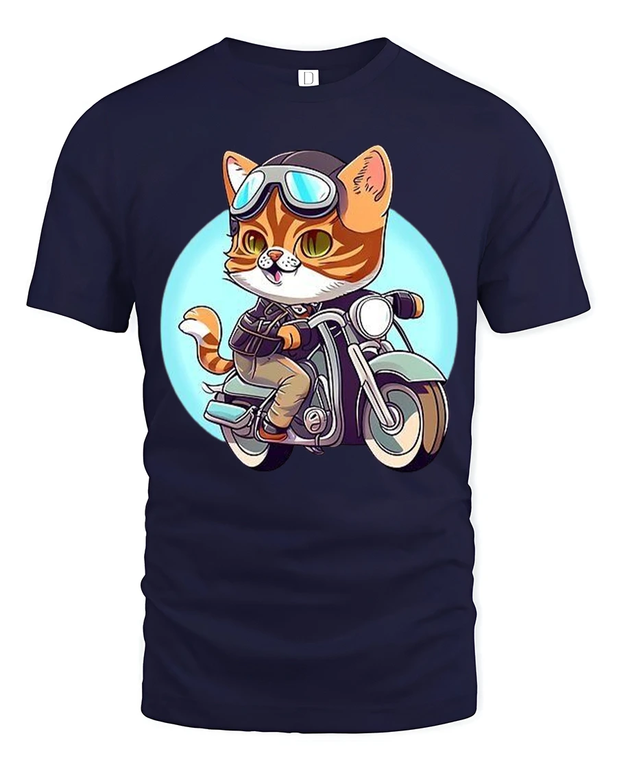 Cool Biker Cat Motorcycle Rider Cartoon Funny Graphic T-Shirt - 1 Cool Biker Cat Motorcycle Rider Cartoon Funny Graphic T-Shirt - navy t-shirt on white background