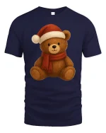 Cute Christmas Teddy Bear Santa Hat Holiday Cartoon Graphic Tee - navy t-shirt on white background