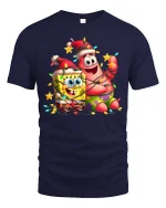 Funny Holiday Duo Cartoon Friends Christmas Lights Graphic T-Shirt - navy t-shirt on white background