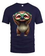 Cute Sloth Big Glasses Cartoon Graphic T-Shirt Adorable Style - navy t-shirt on white background