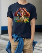 Surprised Explorer Monkey Adventure Graphic T-Shirt Funny Tee - model wearing navy tee with hands in pockets
