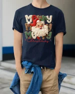 Merry Christmas Santa Yarn Art Cute Holiday Graphic T-Shirt - model wearing navy tee with hands in pockets