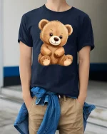 Cute Teddy Bear Cartoon Big Eyes Adorable Plush Style T-Shirt - model wearing navy tee with hands in pockets