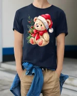 Cute Christmas Teddy Bear Santa Hat Bow Holiday Graphic T-Shirt - model wearing navy tee with hands in pockets