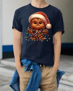 Cute Christmas Pup Lights Tangled Holiday Cartoon Graphic T-Shirt - model wearing navy tee with hands in pockets