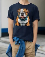 Strong Bulldog Cartoon Muscular Dog Graphic T-Shirt - model wearing navy tee with hands in pockets