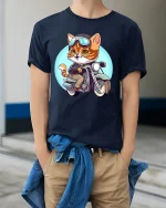 Cool Biker Cat Motorcycle Rider Cartoon Funny Graphic T-Shirt - model wearing navy tee with hands in pockets