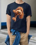 Cute Curly Dog Peekaboo Cartoon Graphic Tee for Dog Lovers - model wearing navy tee with hands in pockets