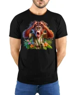 Surprised Explorer Monkey Adventure Graphic T-Shirt Funny Tee - model wearing black tee with hands behind back