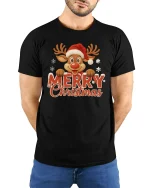 Merry Christmas Reindeer Cute Holiday Snowflakes Graphic T-Shirt - model wearing black tee with hands behind back