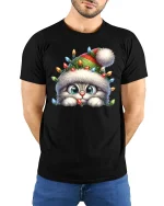 Cute Christmas Kitten Lights Beanie Holiday Cartoon Graphic T-Shirt - model wearing black tee with hands behind back