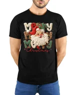 Merry Christmas Santa Yarn Art Cute Holiday Graphic T-Shirt - model wearing black tee with hands behind back