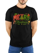 Merry Christmas Tree Yarn Art Cute Holiday Festive Graphic T-Shirt - model wearing black tee with hands behind back