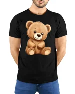 Cute Teddy Bear Cartoon Big Eyes Adorable Plush Style T-Shirt - model wearing black tee with hands behind back