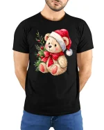 Cute Christmas Teddy Bear Santa Hat Bow Holiday Graphic T-Shirt - model wearing black tee with hands behind back
