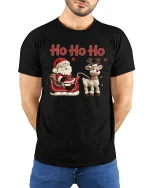 Ho Ho Ho Santa Reindeer Crochet Art Christmas Graphic T-Shirt - model wearing black tee with hands behind back