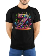 Colorful Letter Z Music Notes Microphone Graphic Art T-Shirt - model wearing black tee with hands behind back