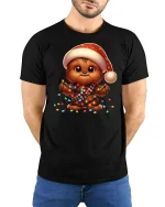 Cute Christmas Pup Lights Tangled Holiday Cartoon Graphic T-Shirt - model wearing black tee with hands behind back