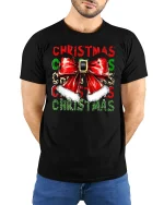 Christmas Bow Santa Belt Festive Holiday Graphic T-Shirt - model wearing black tee with hands behind back