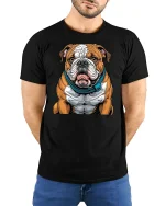 Strong Bulldog Cartoon Muscular Dog Graphic T-Shirt - model wearing black tee with hands behind back
