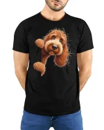 Cute Curly Dog Peekaboo Cartoon Graphic Tee for Dog Lovers - model wearing black tee with hands behind back