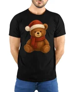 Cute Christmas Teddy Bear Santa Hat Holiday Cartoon Graphic Tee - model wearing black tee with hands behind back