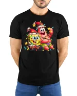 Funny Holiday Duo Cartoon Friends Christmas Lights Graphic T-Shirt - model wearing black tee with hands behind back