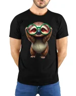 Cute Sloth Big Glasses Cartoon Graphic T-Shirt Adorable Style - model wearing black tee with hands behind back