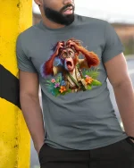Surprised Explorer Monkey Adventure Graphic T-Shirt Funny Tee - model wearing grey tee, leaning on column
