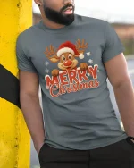 Merry Christmas Reindeer Cute Holiday Snowflakes Graphic T-Shirt - model wearing grey tee, leaning on column