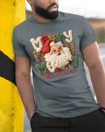 Merry Christmas Santa Yarn Art Cute Holiday Graphic T-Shirt - model wearing grey tee, leaning on column