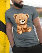 Cute Teddy Bear Cartoon Big Eyes Adorable Plush Style T-Shirt - model wearing grey tee, leaning on column