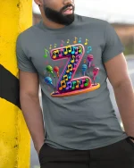 Colorful Letter Z Music Notes Microphone Graphic Art T-Shirt - model wearing grey tee, leaning on column