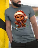 Cute Christmas Pup Lights Tangled Holiday Cartoon Graphic T-Shirt - model wearing grey tee, leaning on column