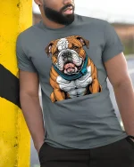 Strong Bulldog Cartoon Muscular Dog Graphic T-Shirt - model wearing grey tee, leaning on column