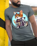 Cool Biker Cat Motorcycle Rider Cartoon Funny Graphic T-Shirt - model wearing grey tee, leaning on column