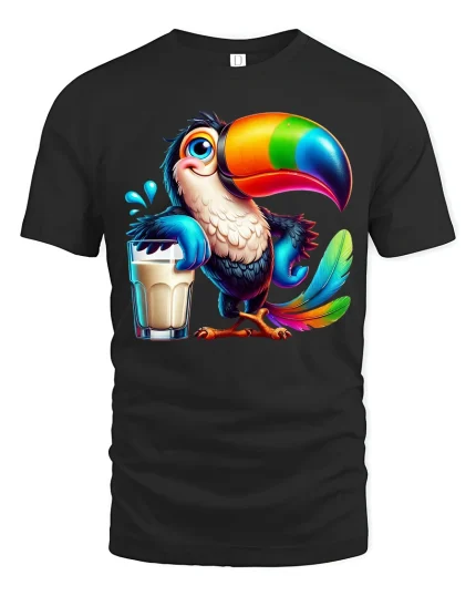 Colorful Toucan Drink Funny Tropical Bird Cartoon T-Shirt - black t-shirt on white background