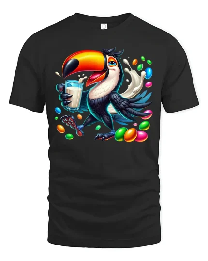 Colorful Toucan Candy Splash Fun Art Graphic Tee - black t-shirt on white background