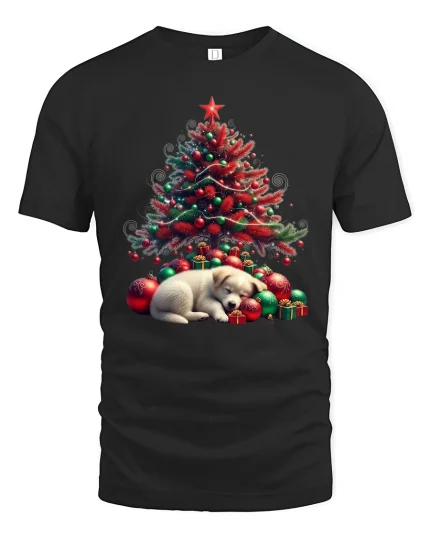 Christmas Tree Puppy Sleep Scene Cute Holiday Graphic Tee - black t-shirt on white background