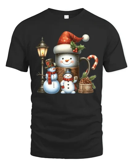 Cute Snowman Family Christmas Mug Lantern Holiday Graphic Tee - black t-shirt on white background
