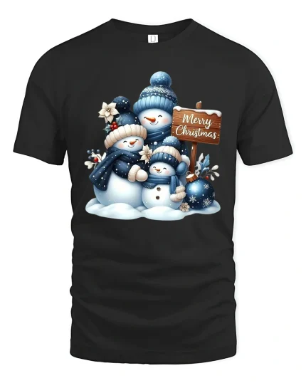 Snowman Family Merry Christmas Winter Scene Holiday Tee - black t-shirt on white background