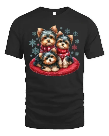 Yorkie Trio Christmas Snowflake Cozy Winter Dog Lover Tee - black t-shirt on white background